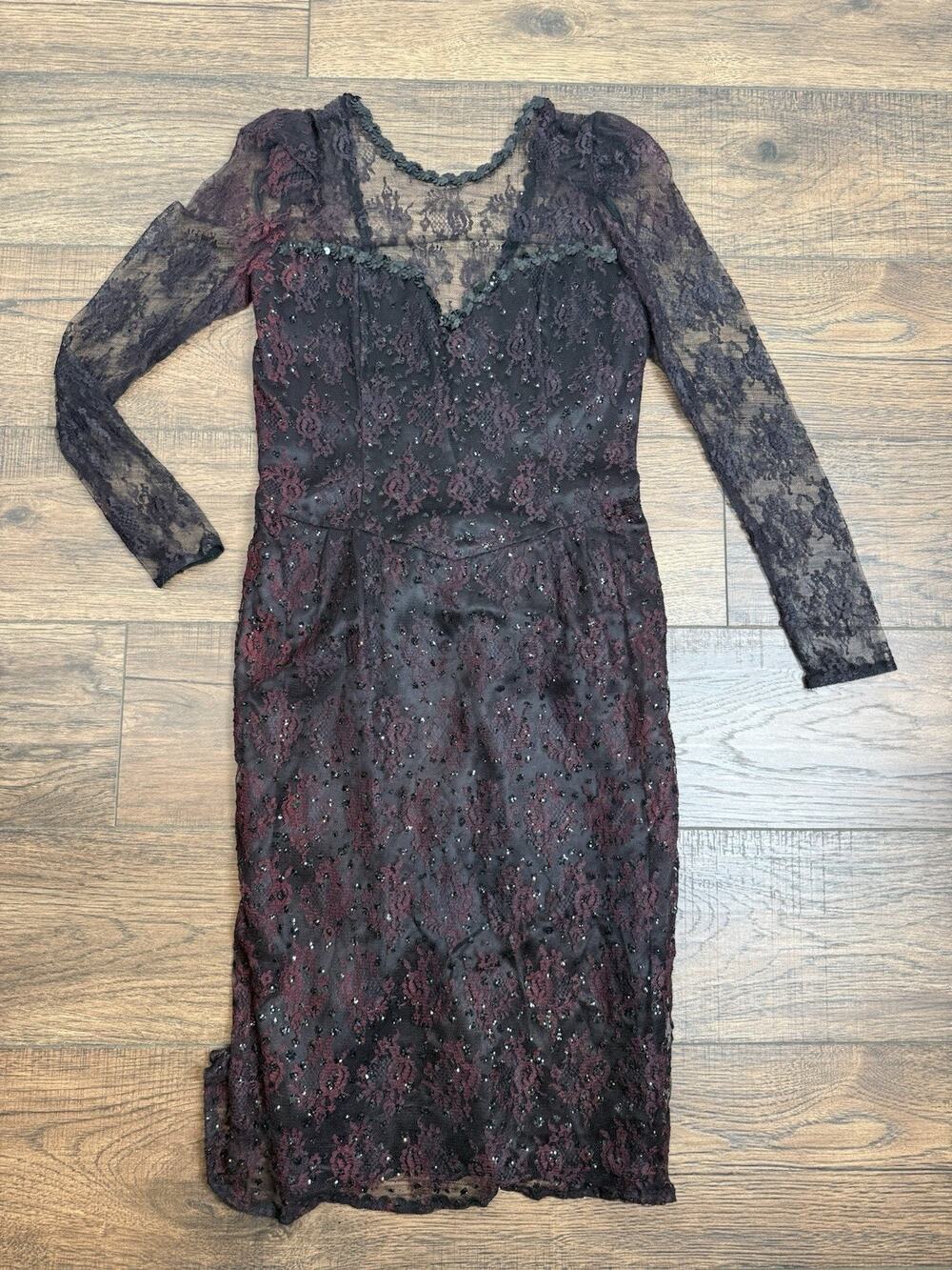 Vintage Gunne Sax Jessica McClintock Red Black Lace Tulle Long Sleeve Dress 11